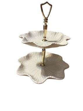 White Ceramic Two-Tier Serving Stand with Gold Handle